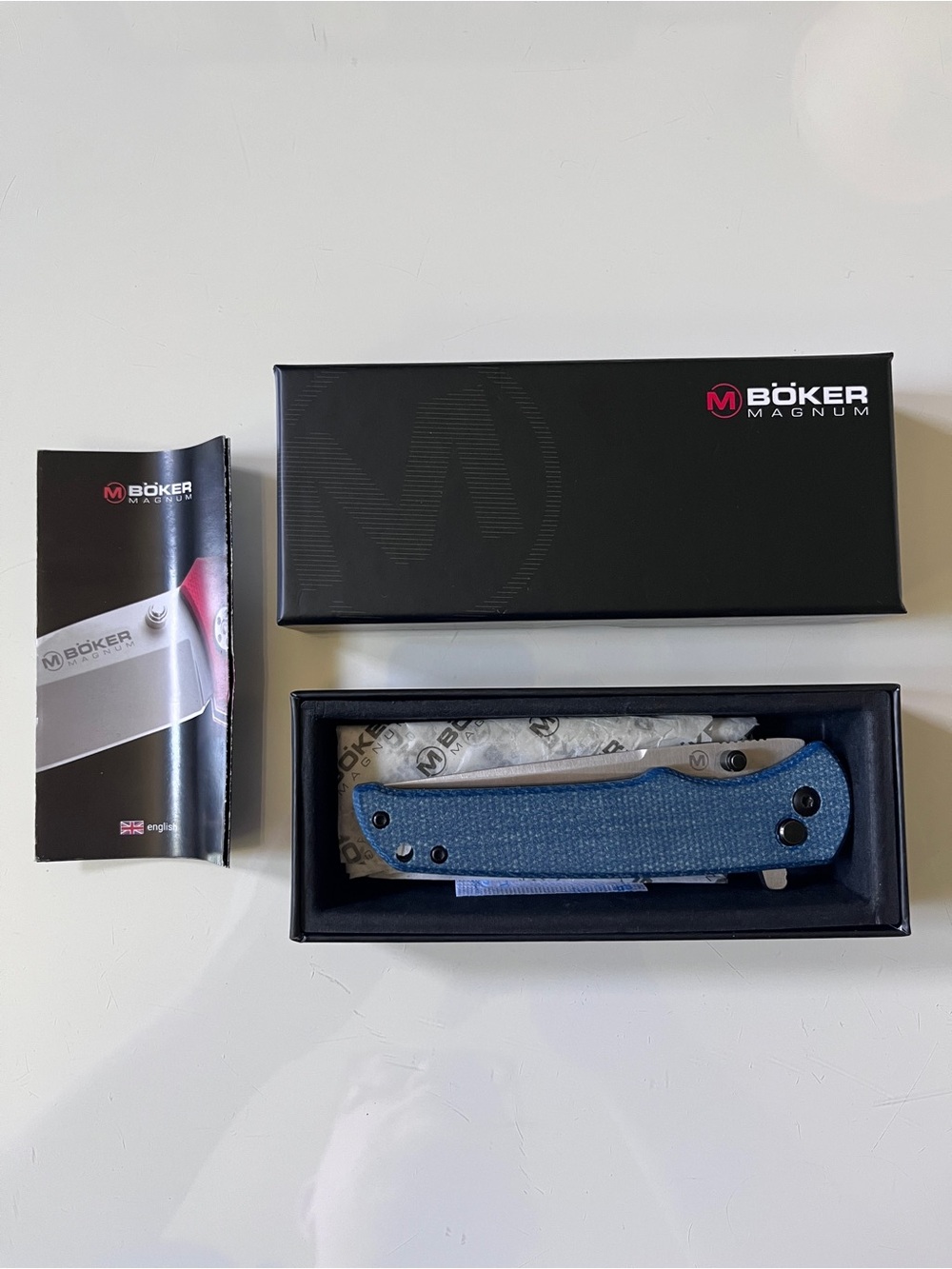 Boker Magnum Bluejay Button Lock Knife Blue Micarta (3.38" Satin) 01SC722